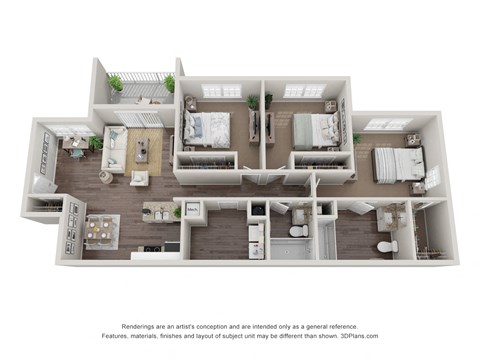 Floor plan for 3 beds, 2 baths, 1290 sqft